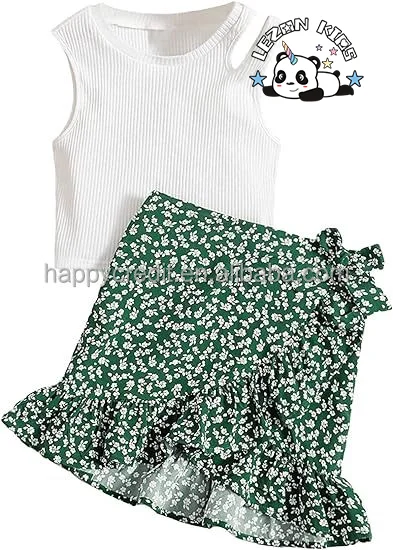LEZONKIDS - 2024 Hot Sale 2 Piece Outfits Cut Out Ribbed Knit Tank Top And Floral Ruffle Hem Skirt Set for girls